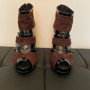 Tory Burch Patent Leather & Suede Open Toe Booties